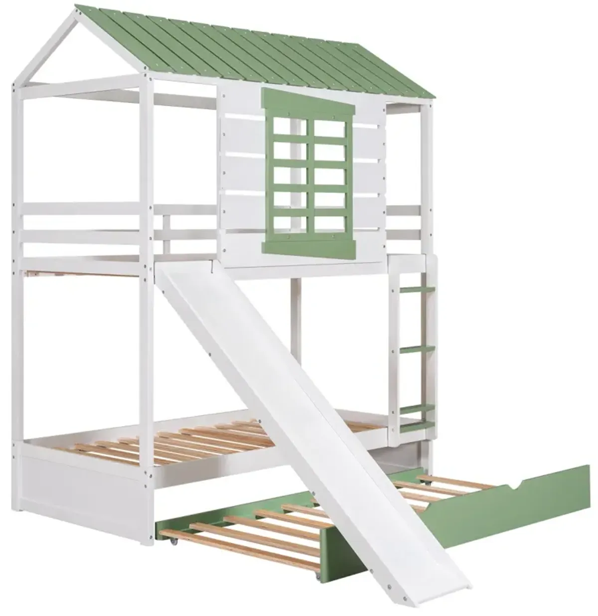 Twin Over Twin Size House Bunk Bed With Convertible Slide And Trundle