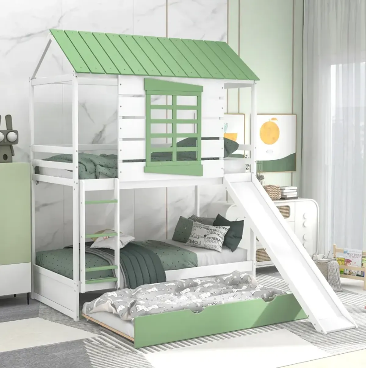 Twin Over Twin Size House Bunk Bed With Convertible Slide And Trundle