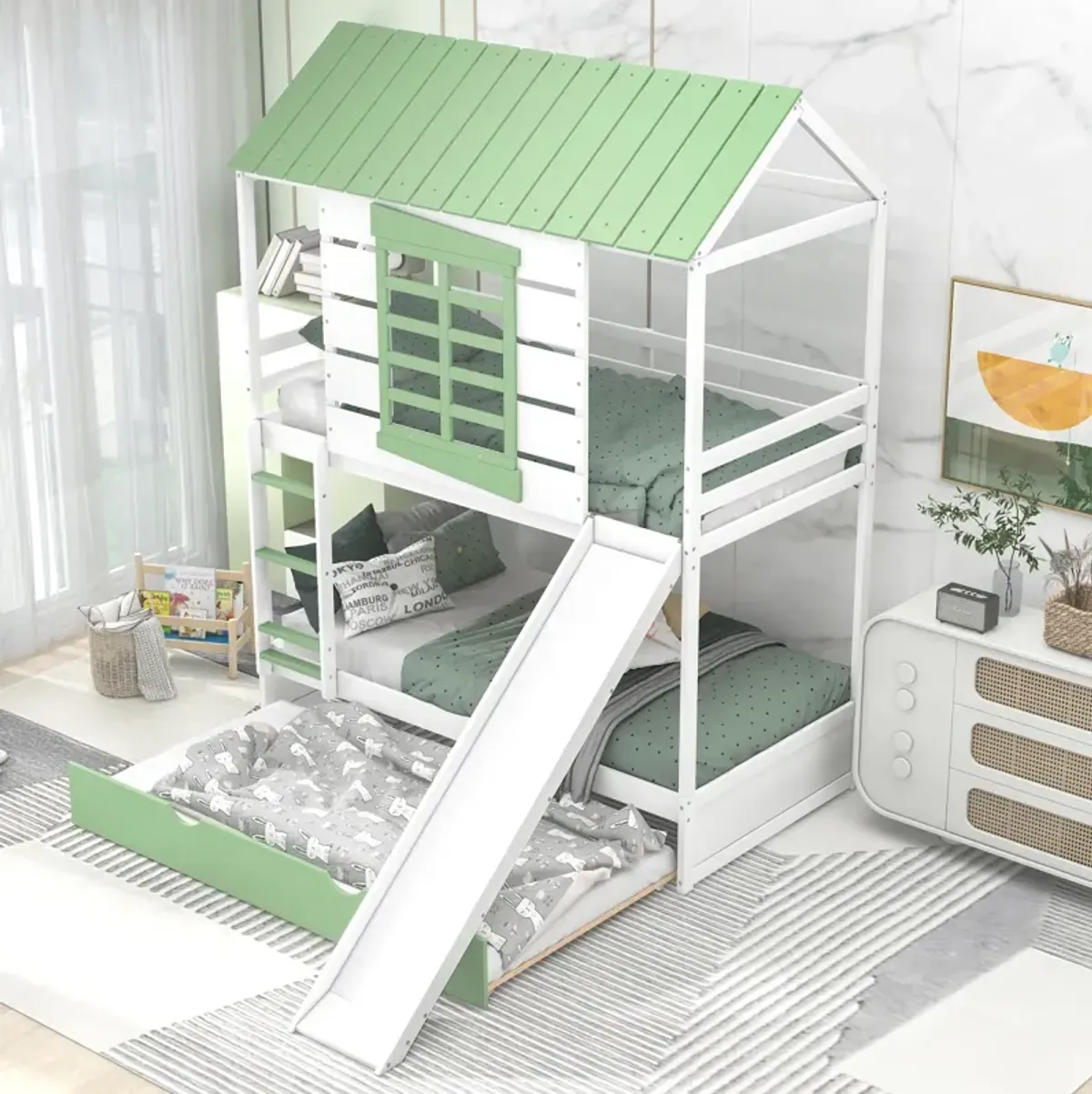 Twin Over Twin Size House Bunk Bed With Convertible Slide And Trundle