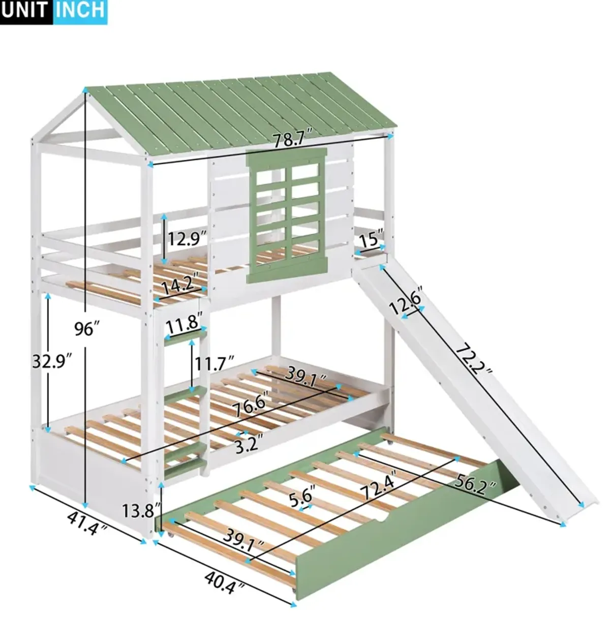 Twin Over Twin Size House Bunk Bed With Convertible Slide And Trundle