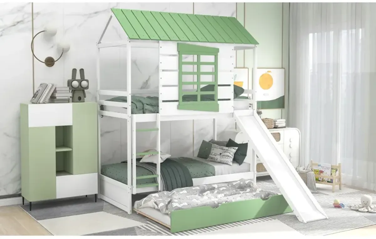 Twin Over Twin Size House Bunk Bed With Convertible Slide And Trundle