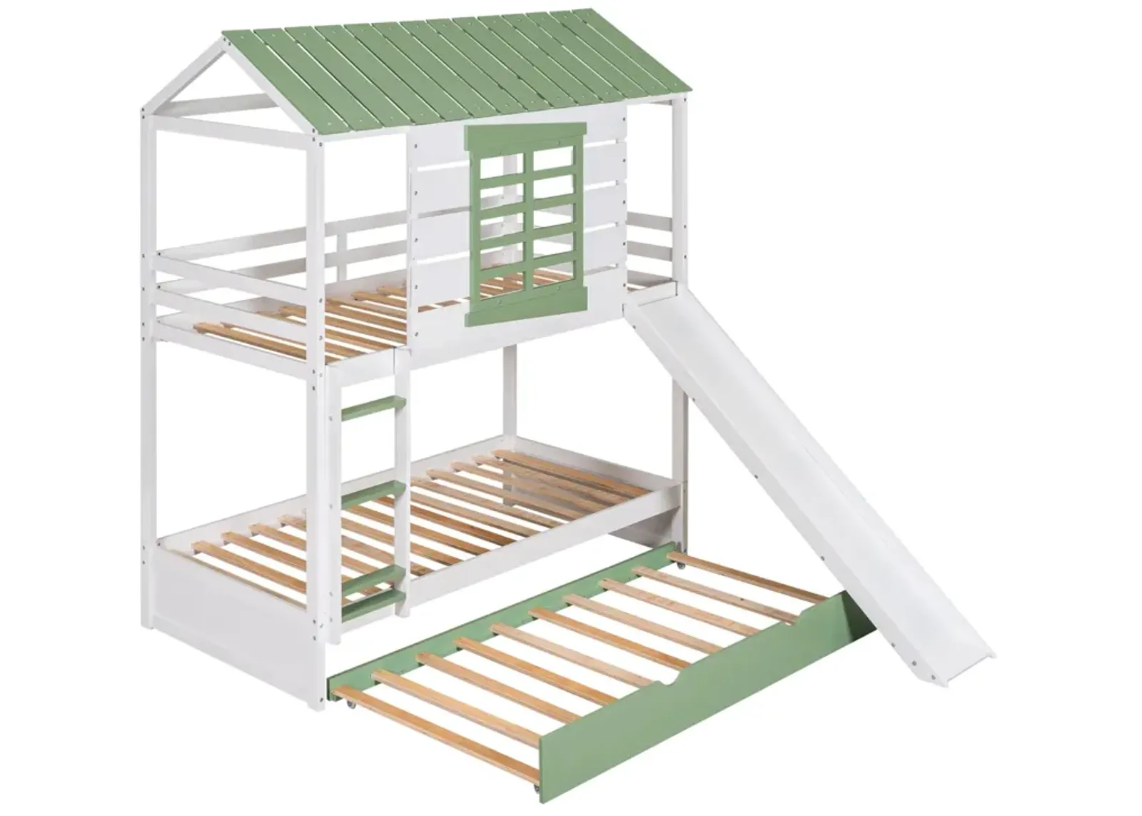 Twin Over Twin Size House Bunk Bed With Convertible Slide And Trundle