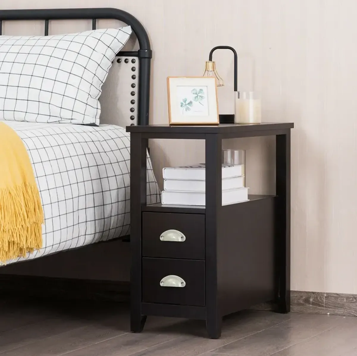 2 Pieces Wooden Bed-side Nightstand Set with 2 Drawers