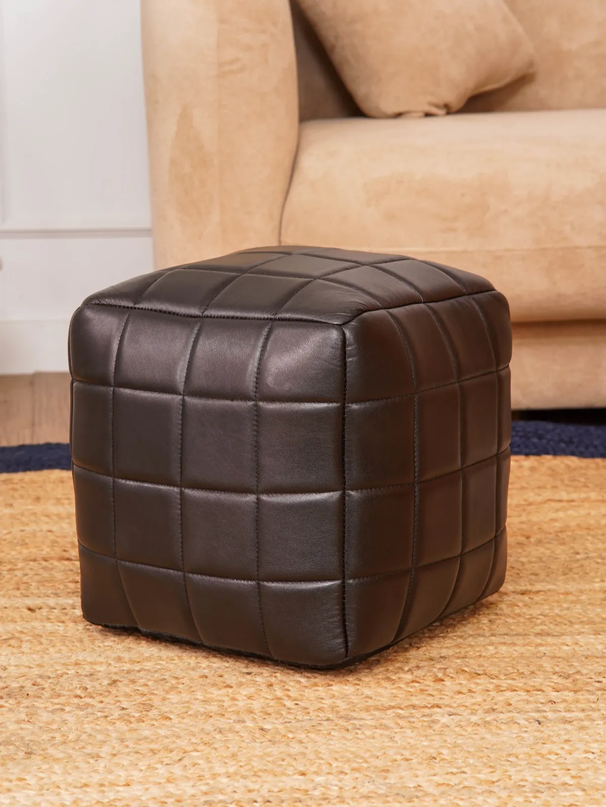 Geometric Handmade Goat Leather Square Pouf 14"x14"x14" (Recycled Cotton Fill) Black Color BBBACPF23A BBH Homes