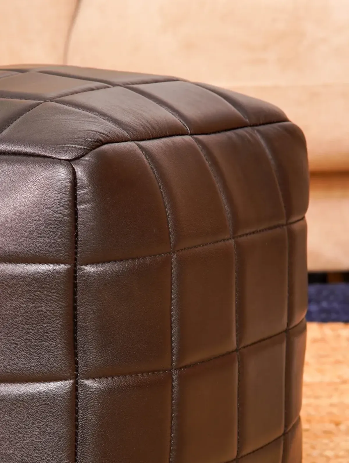 Geometric Handmade Goat Leather Square Pouf 14"x14"x14" (Recycled Cotton Fill) Black Color BBBACPF23A BBH Homes