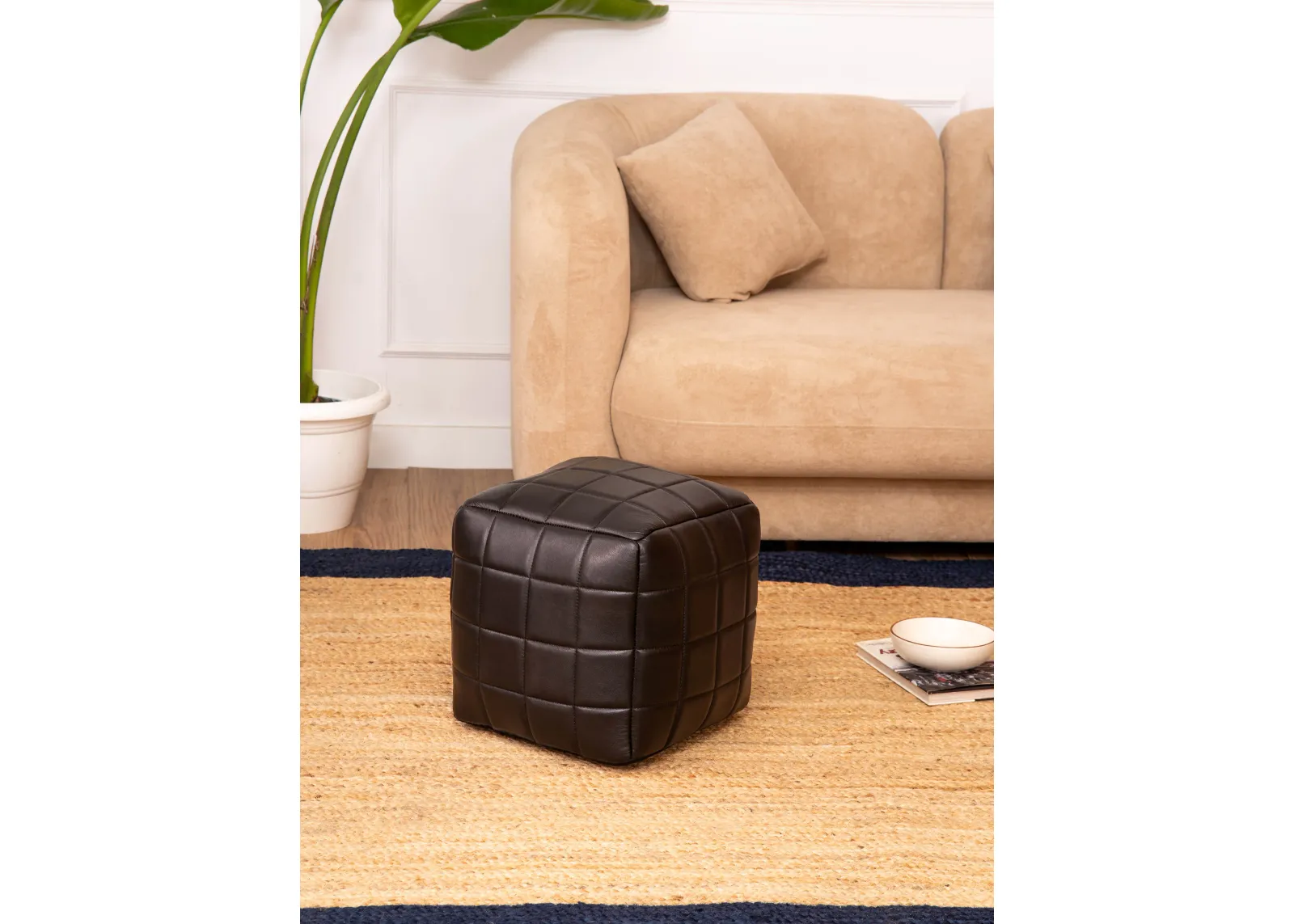 Geometric Handmade Goat Leather Square Pouf 14"x14"x14" (Recycled Cotton Fill) Black Color BBBACPF23A BBH Homes