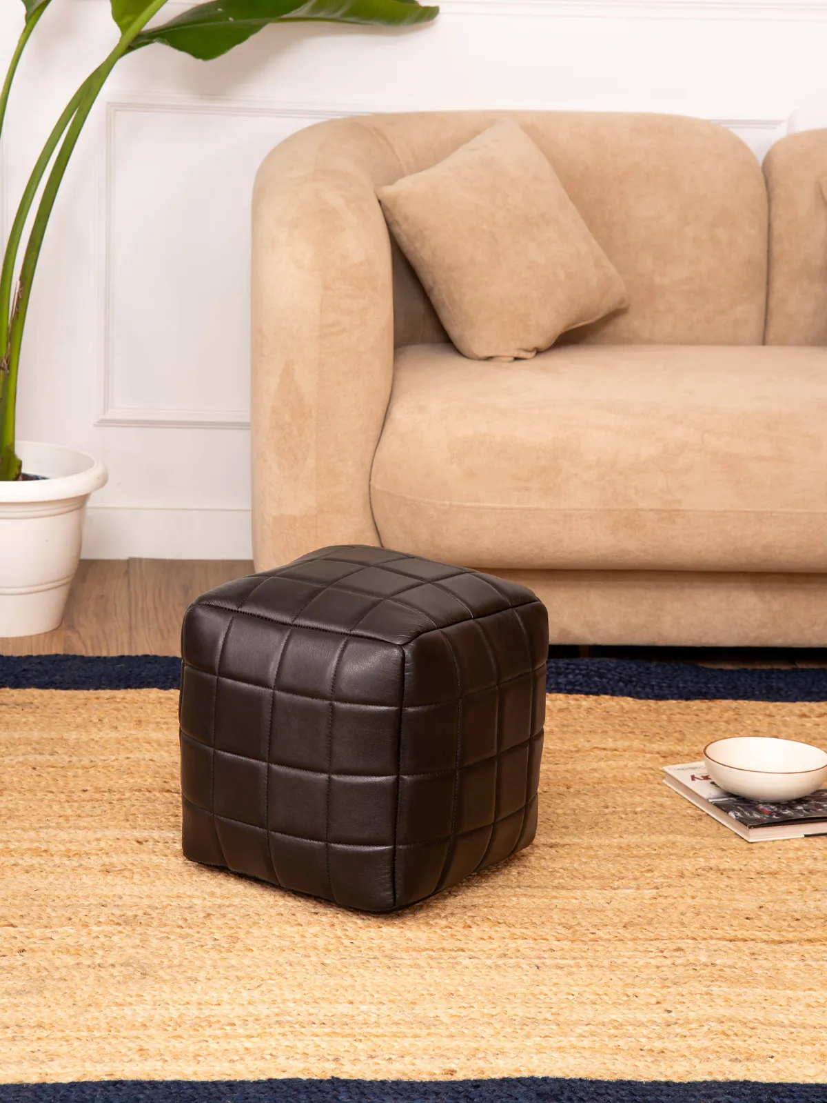 Geometric Handmade Goat Leather Square Pouf 14"x14"x14" (Recycled Cotton Fill) Black Color BBBACPF23A BBH Homes