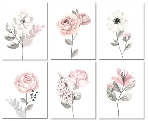Lambs & Ivy Watercolor Floral Unframed Nursery Child Wall Art 6pc - Pink/Gray