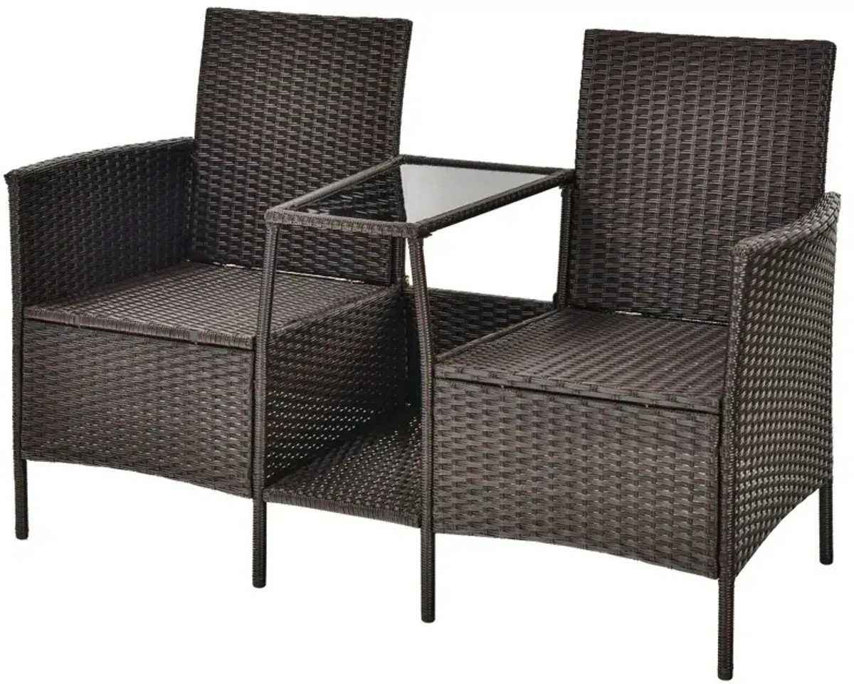 Patio Rattan Wicker Conversation Set Sofa Cushioned Loveseat Glass Table