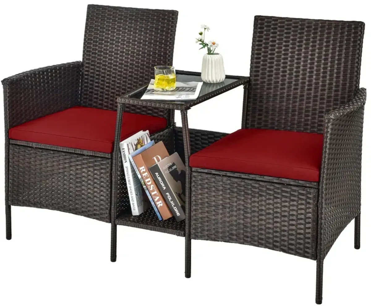 Patio Rattan Wicker Conversation Set Sofa Cushioned Loveseat Glass Table