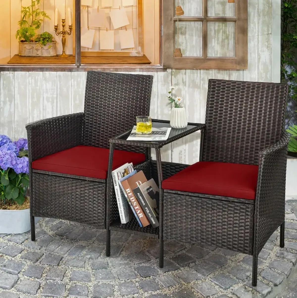 Patio Rattan Wicker Conversation Set Sofa Cushioned Loveseat Glass Table