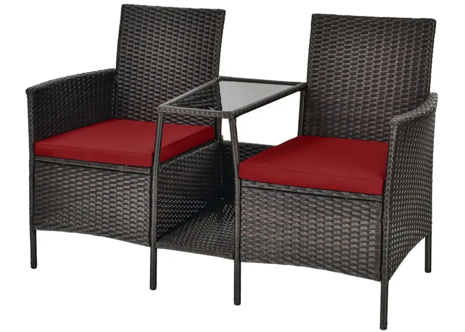 Patio Rattan Wicker Conversation Set Sofa Cushioned Loveseat Glass Table