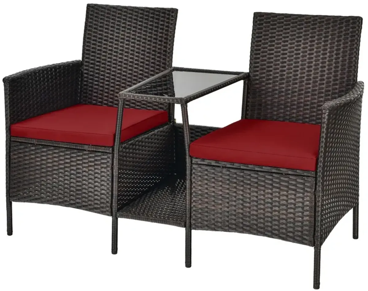 Patio Rattan Wicker Conversation Set Sofa Cushioned Loveseat Glass Table