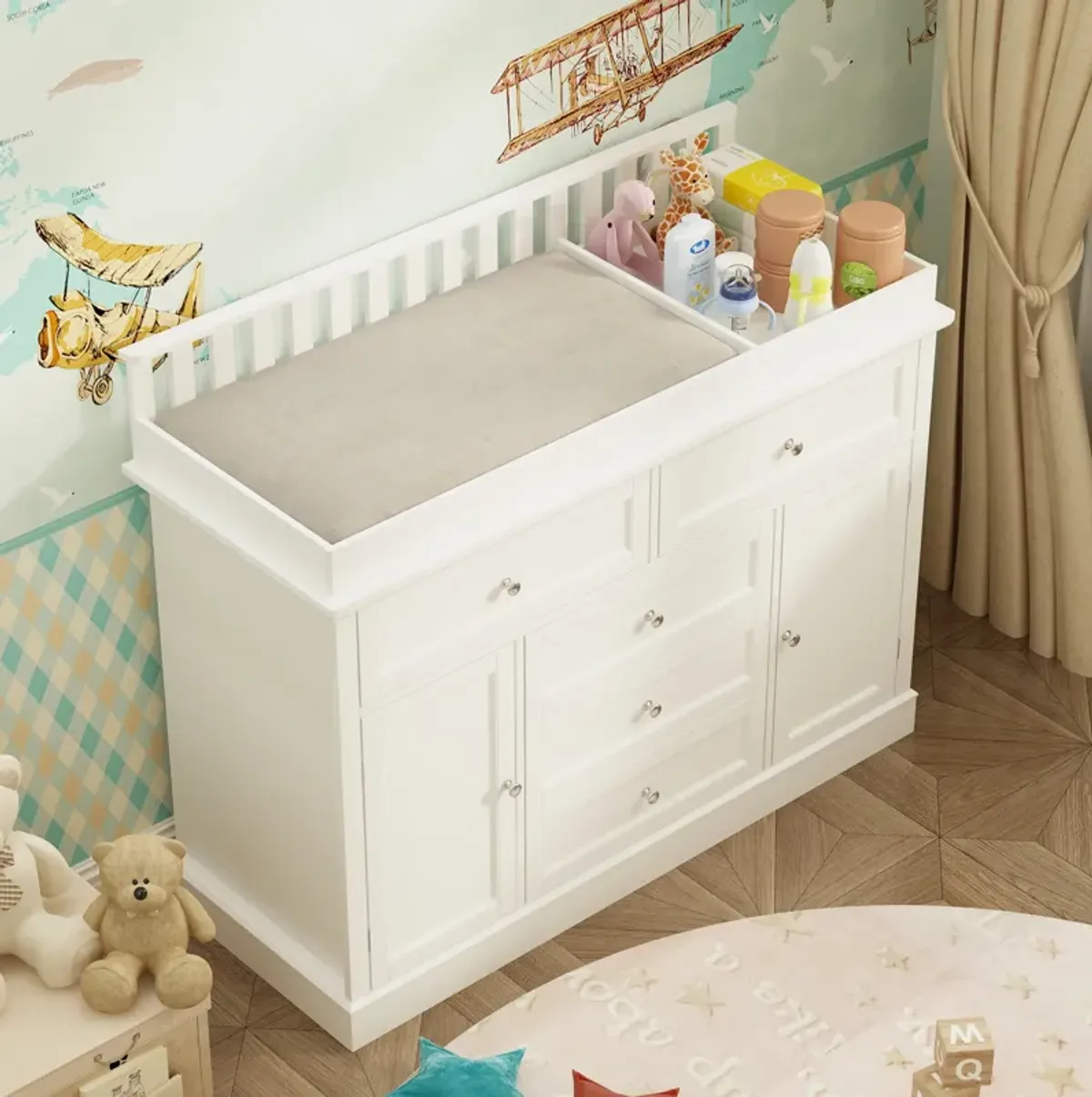 FUFU&GAGA Changing Table with Ample Storage and Adjustable Drawers, 46.3" W x 18.4" D x 38.2" H, White