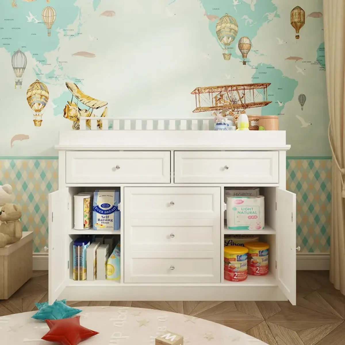 FUFU&GAGA Changing Table with Ample Storage and Adjustable Drawers, 46.3" W x 18.4" D x 38.2" H, White