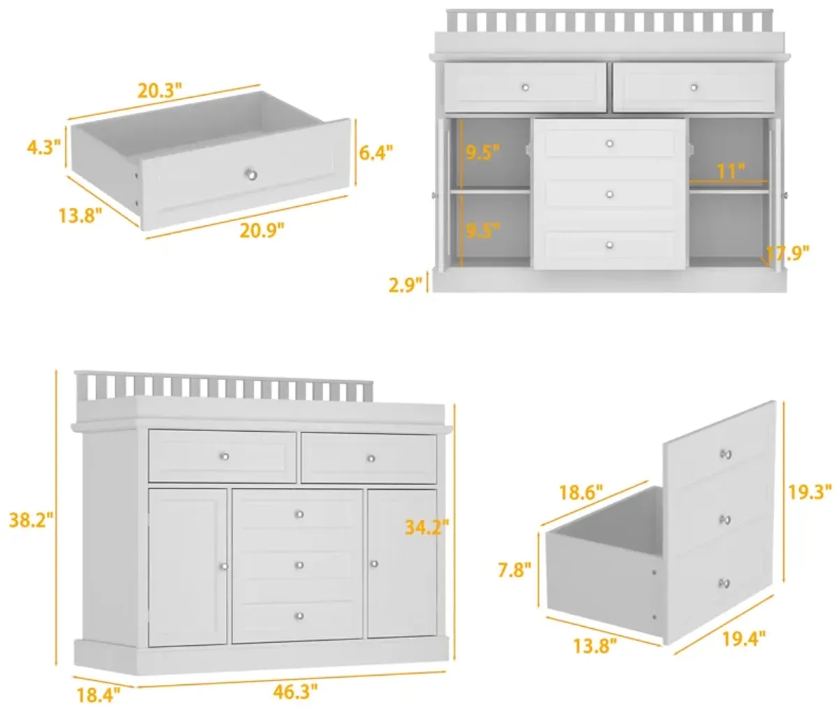 FUFU&GAGA Changing Table with Ample Storage and Adjustable Drawers, 46.3" W x 18.4" D x 38.2" H, White