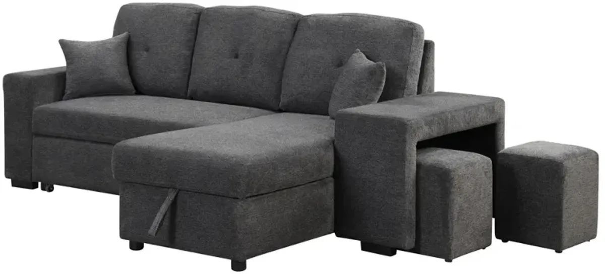 Sectional Sofa Bed with Storage Chaise and 2 Stools