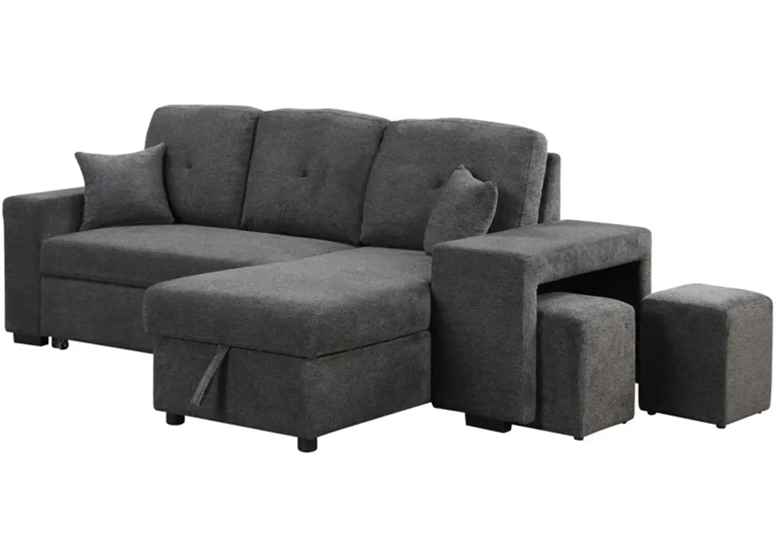 Sectional Sofa Bed with Storage Chaise and 2 Stools