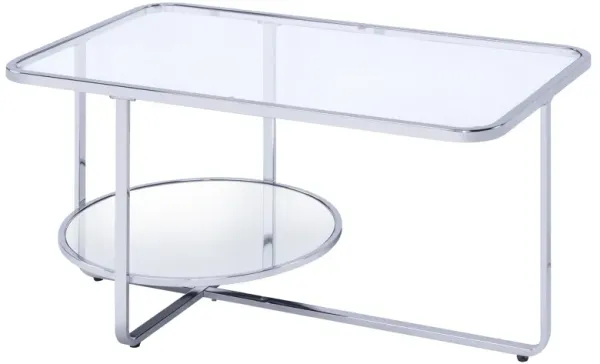 Contemporary Coffee Table with Round Bottom Shelf, Silver and Clear-Benzara