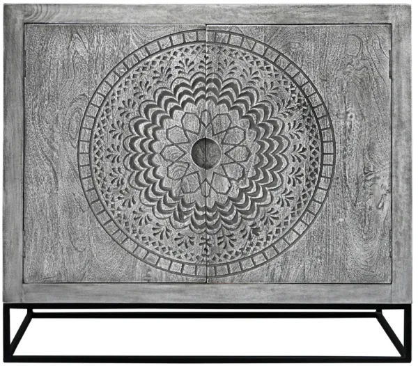 39 Inch Handcrafted Accent Cabinet with 2 Doors, Medallion Engraved, Sandblasted Gray Mango Wood, Black Iron Framed Stand-Benzara