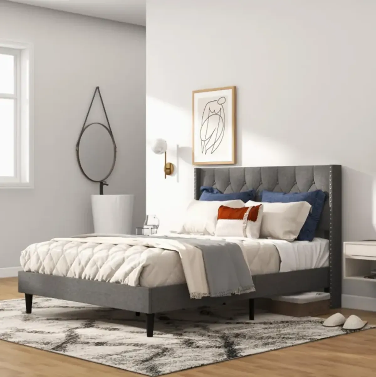 Hivvago Upholstered Platform Bed with Button Tufted Headboard