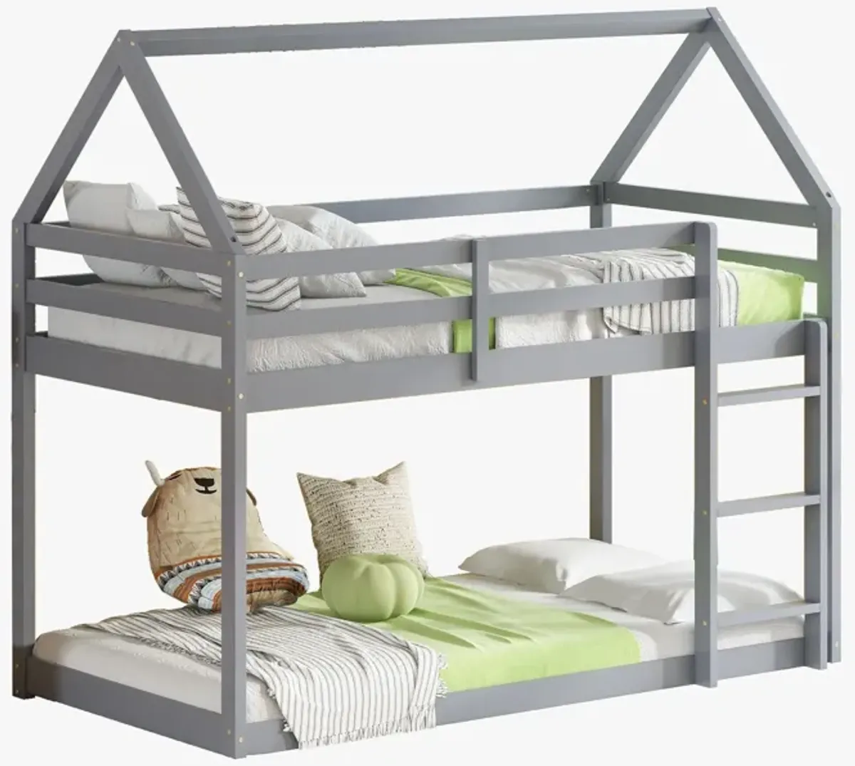 Whisen Twin over Twin Rubber Wood House-Shaped Floor Bunk Bed with ladder and Safety Guardrails - Gray