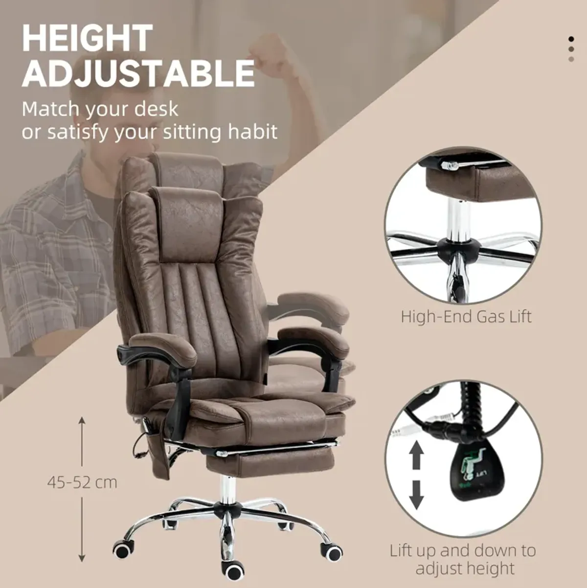 Coffee Microfiber Office Chair: Heated, 6 Point Adjustment