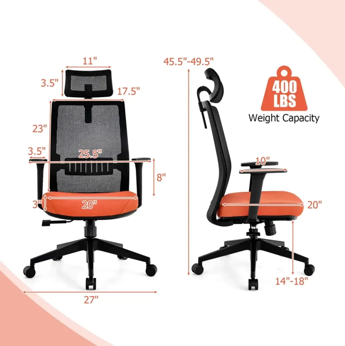 Costway Mesh Office Chair Big Tall Ergonomic Executive Chair Height Adjustable 400 lbs