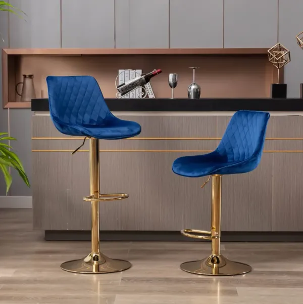 Set of 2 Bar Stools, with Chrome Footrest and Base Swivel Height Adjustable Mechanical Lifting Velvet + Golden Leg Simple Bar Stool-blue