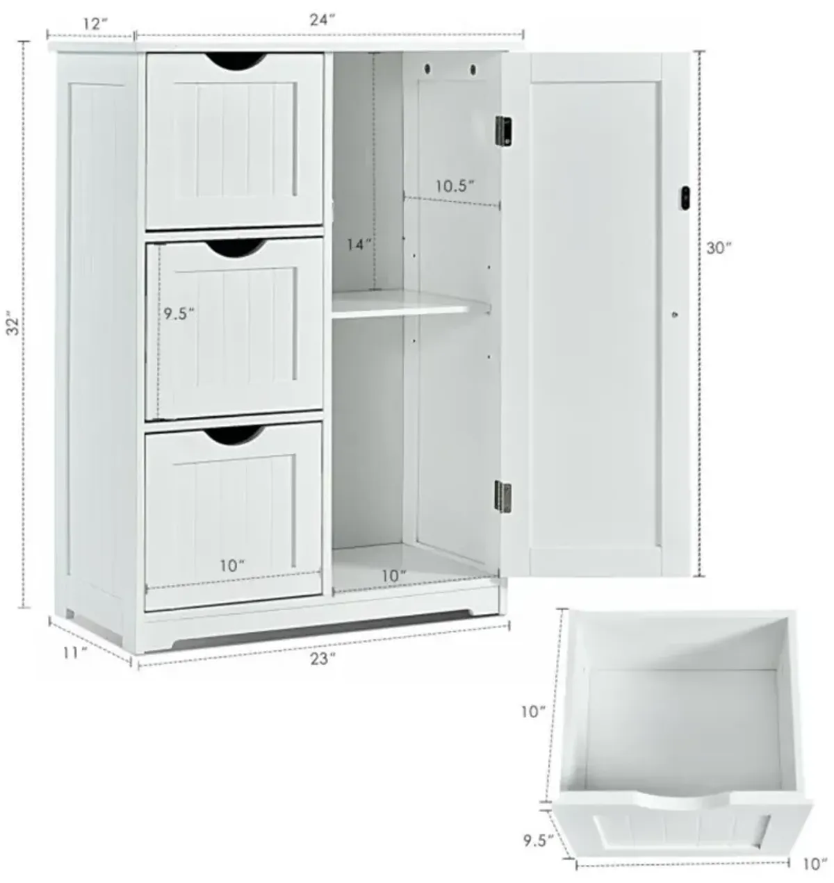 Hivvago Bathroom Floor Cabinet Side Storage Cabinet with 3 Drawers and 1 Cupboard