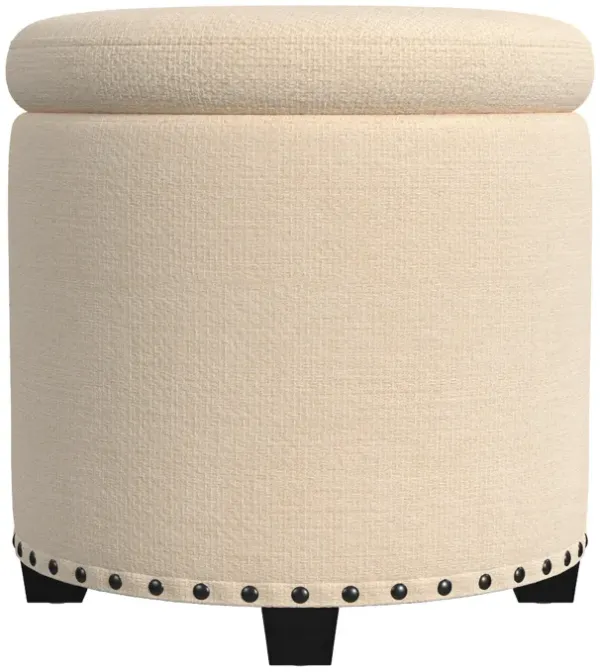 Zoya Storage Ottoman, 19 Inch Round Lift Top, Beige Woven Fabric - Benzara