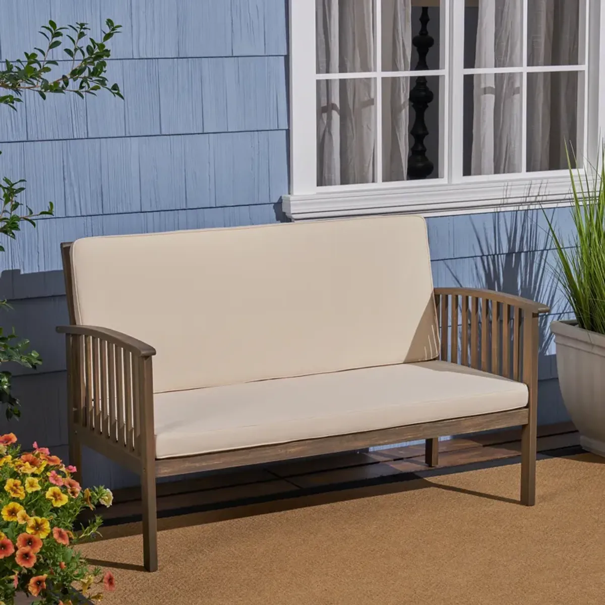 Merax Acacia Wood Outdoor Loveseat Sofa Chair