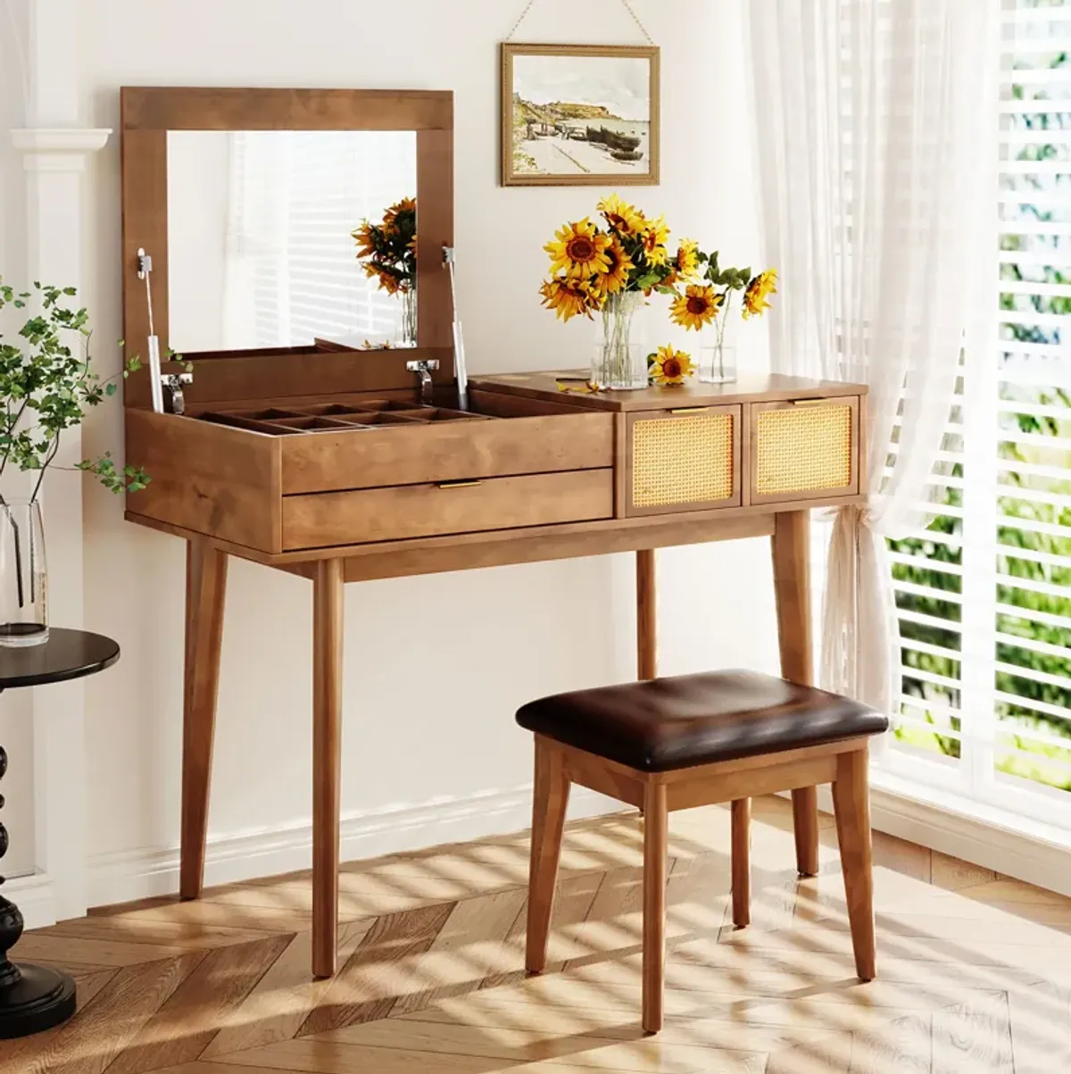 Gewnee Classic Wood Makeup Vanity Set with Flip-top Mirror and Stool