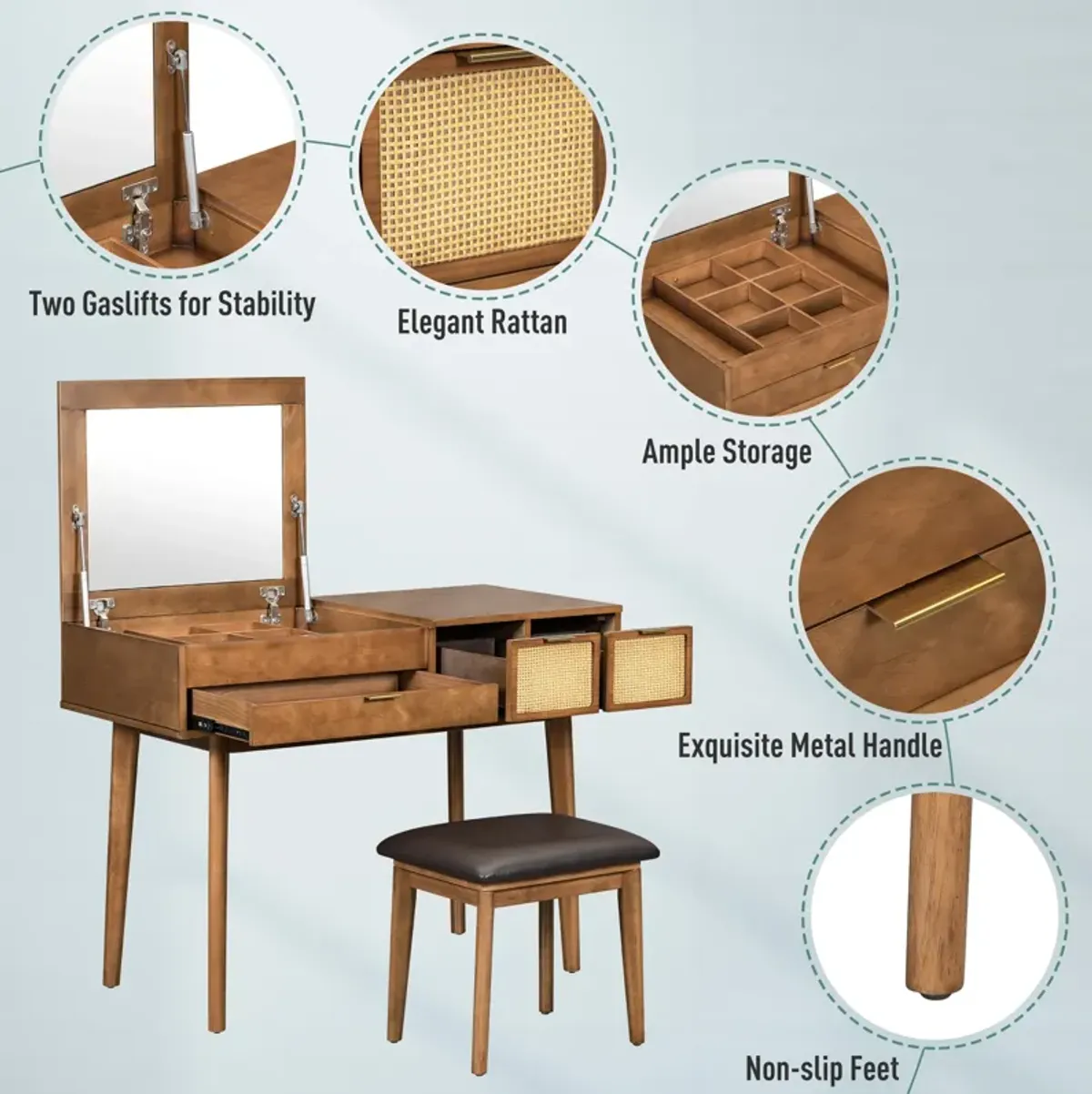 Gewnee Classic Wood Makeup Vanity Set with Flip-top Mirror and Stool