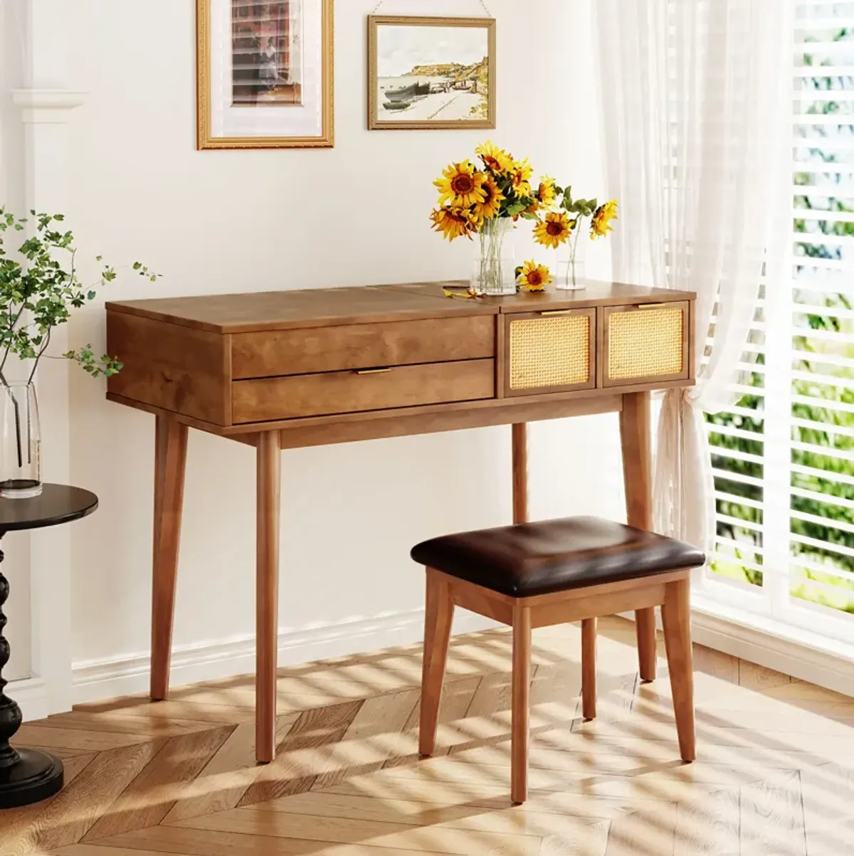 Gewnee Classic Wood Makeup Vanity Set with Flip-top Mirror and Stool