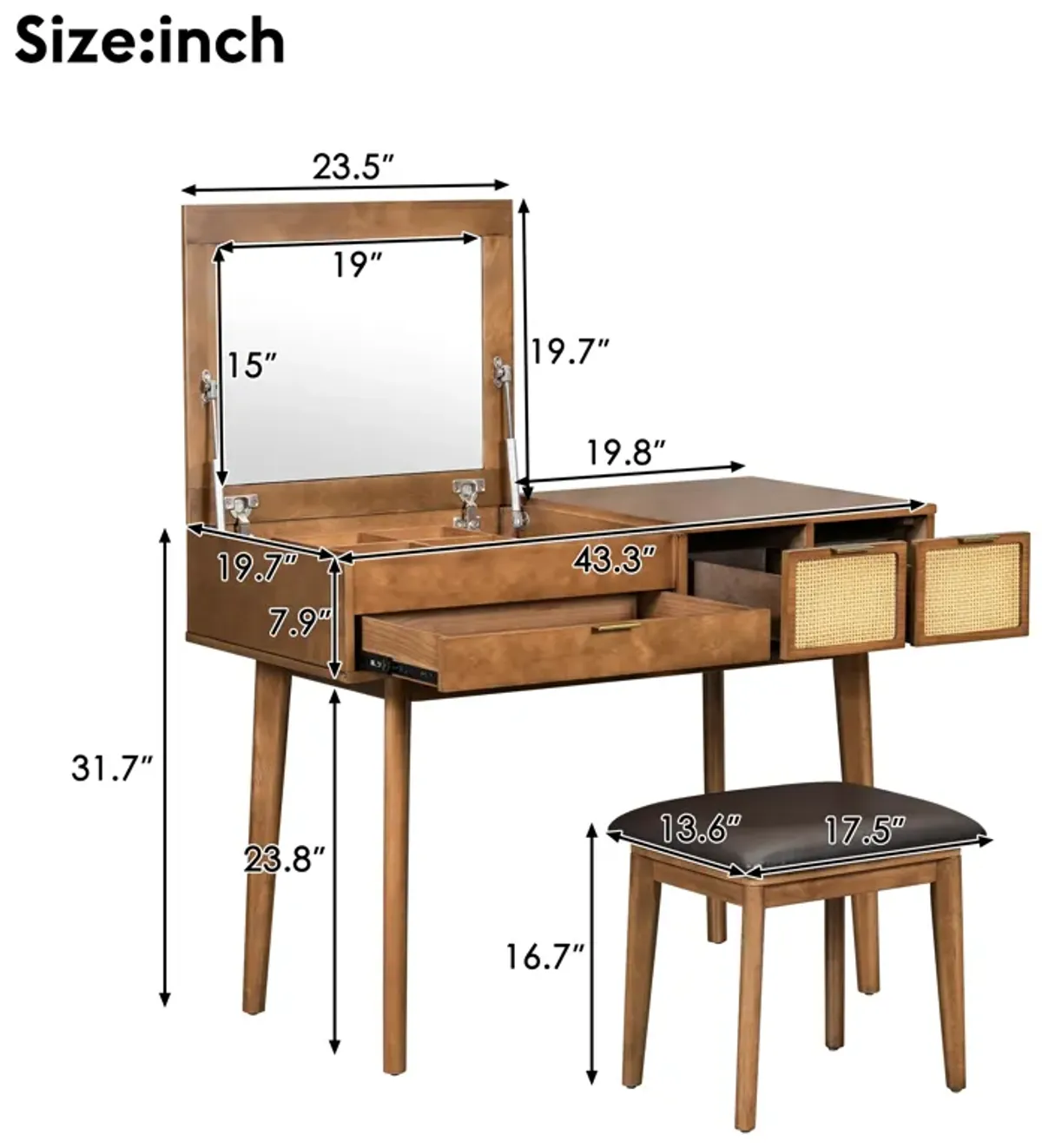 Gewnee Classic Wood Makeup Vanity Set with Flip-top Mirror and Stool