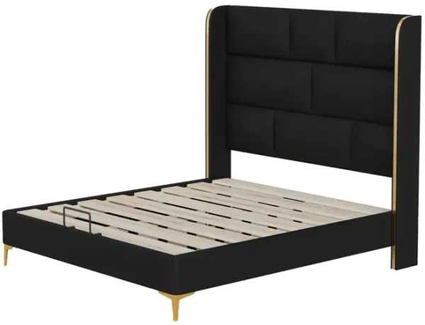 Square Tufted Upholstered Platform Bed with 56" Tall Headboard, Queen Size Bed Frame with Thickening Pinewooden Slats and Metal Leg, Black