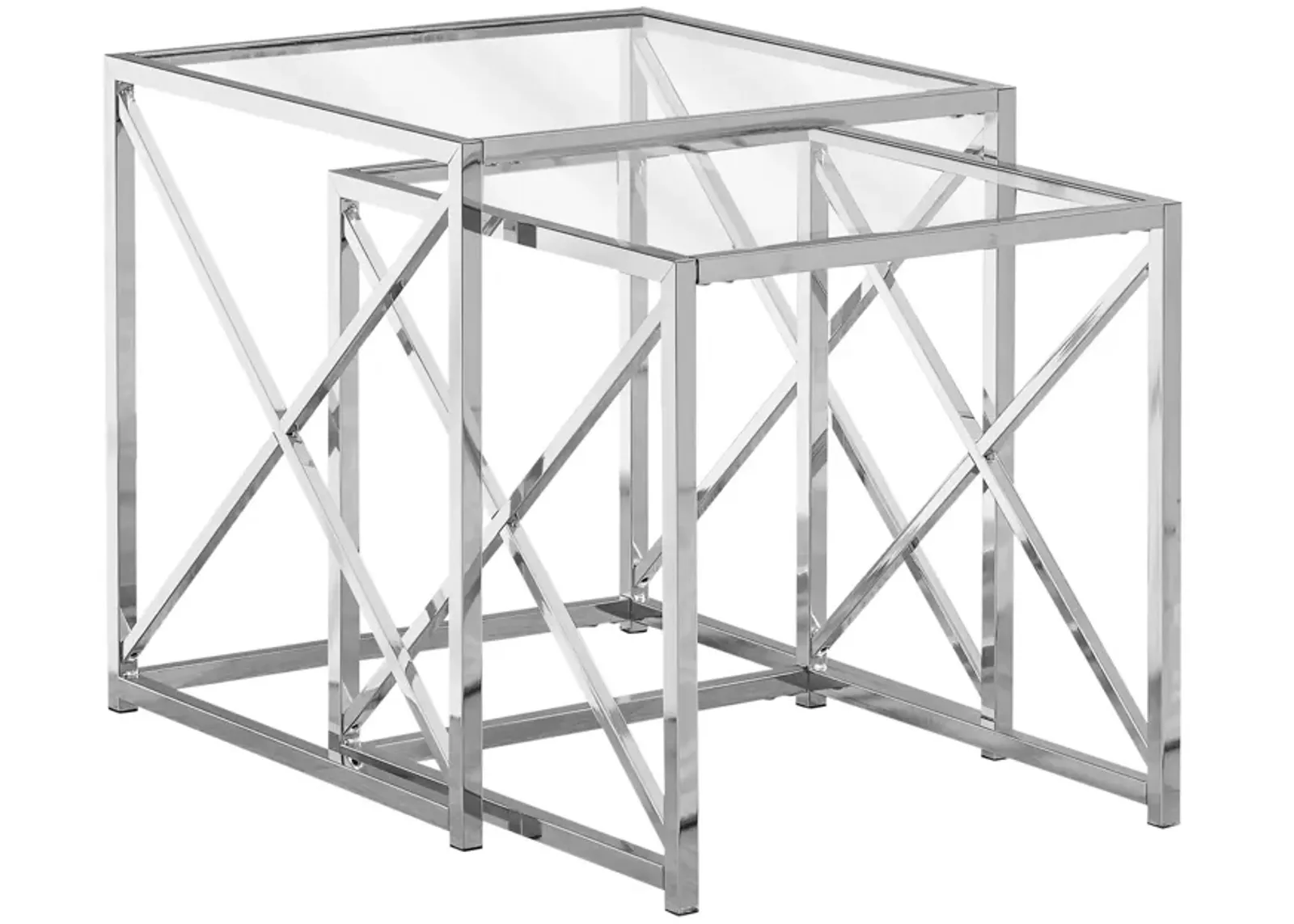 Monarch Specialties I 3441 Nesting Table, Set Of 2, Side, End, Accent, Living Room, Bedroom, Metal, Tempered Glass, Chrome, Clear, Contemporary, Modern