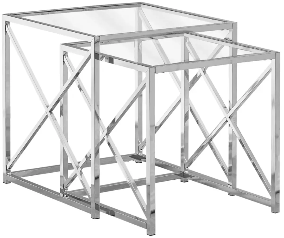 Monarch Specialties I 3441 Nesting Table, Set Of 2, Side, End, Accent, Living Room, Bedroom, Metal, Tempered Glass, Chrome, Clear, Contemporary, Modern