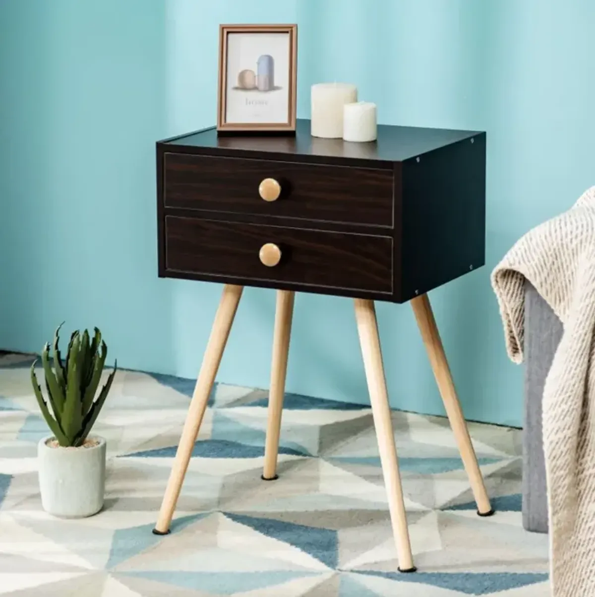 Hivvago Mid Century Modern 2 Drawers Nightstand in Natural