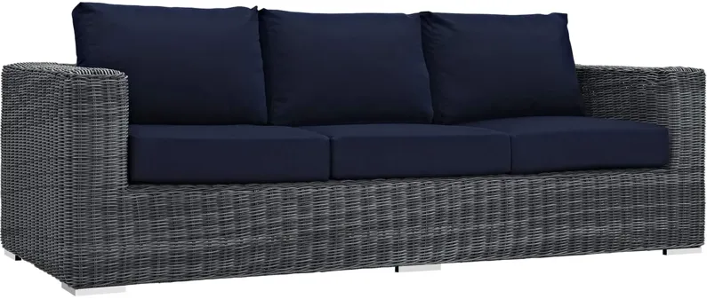 Ultimate Comfort and Quality: Summon Outdoor Patio Sofa - Two-Tone Rattan, Sunbrella Cushions, Aluminum Frame. Perfect for Patio, Backyard, Poolside.