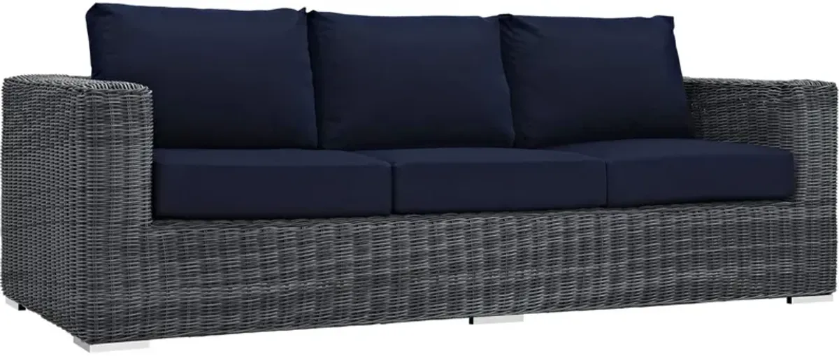 Ultimate Comfort and Quality: Summon Outdoor Patio Sofa - Two-Tone Rattan, Sunbrella Cushions, Aluminum Frame. Perfect for Patio, Backyard, Poolside.