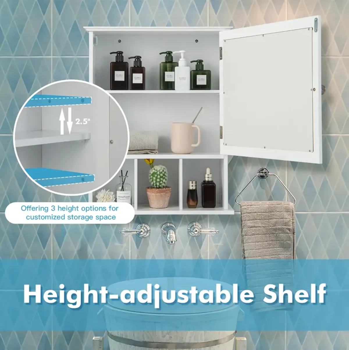 Costway Mirrored Medicine Cabinet Bathroom Wall Mounted Storage W/Adjustable Shelf White