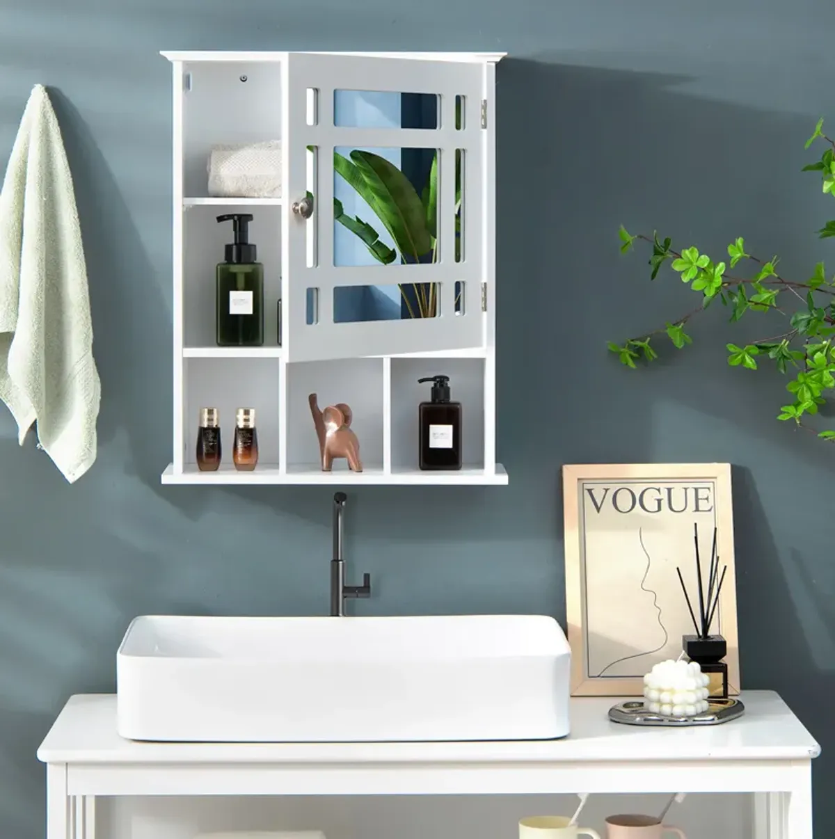 Costway Mirrored Medicine Cabinet Bathroom Wall Mounted Storage W/Adjustable Shelf White