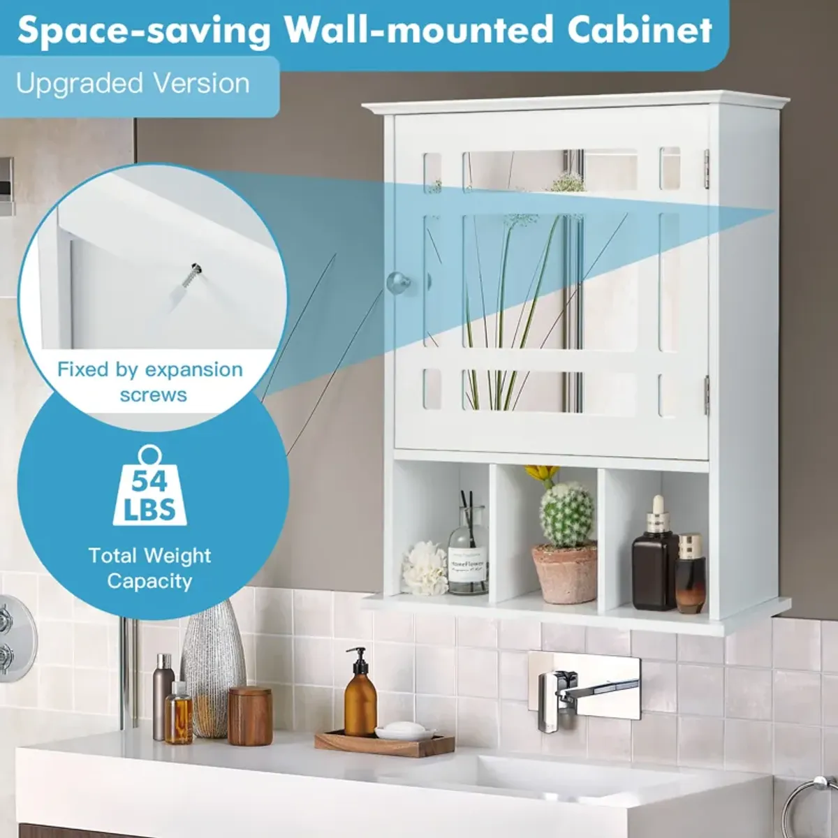 Costway Mirrored Medicine Cabinet Bathroom Wall Mounted Storage W/Adjustable Shelf White