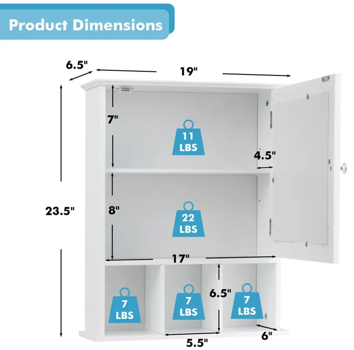 Costway Mirrored Medicine Cabinet Bathroom Wall Mounted Storage W/Adjustable Shelf White