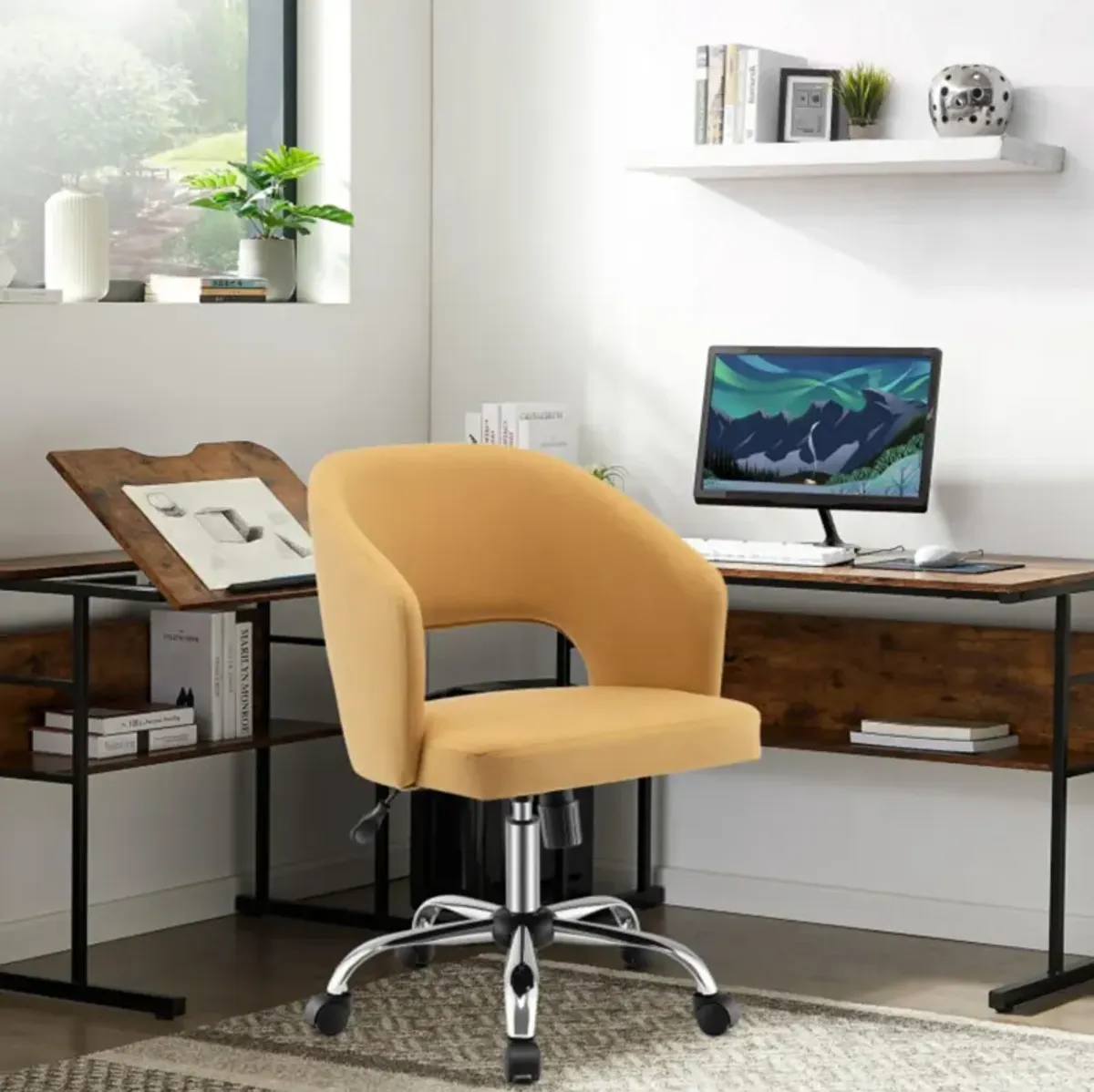 Hivvago Upholstered Swivel Office Chair with Hollow Out Back