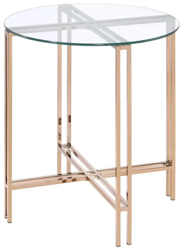 End Table with X Shaped Metal Base and Round Glass Top, Gold-Benzara