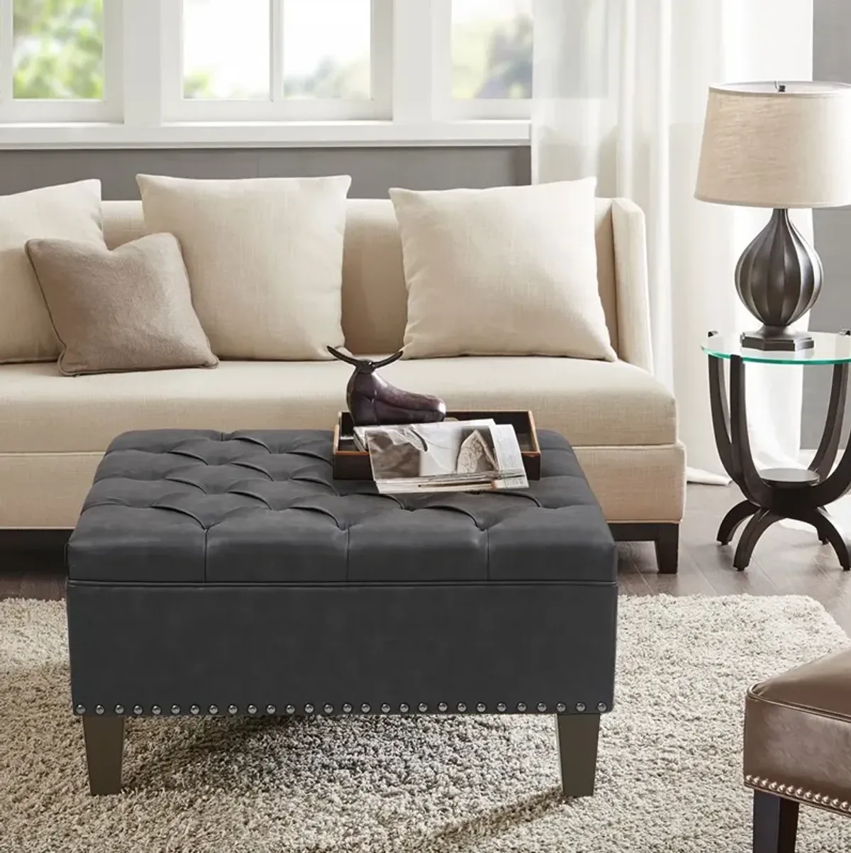 Gracie Mills Farley Button Tufted Square Cocktail Ottoman with Nailhead Accent