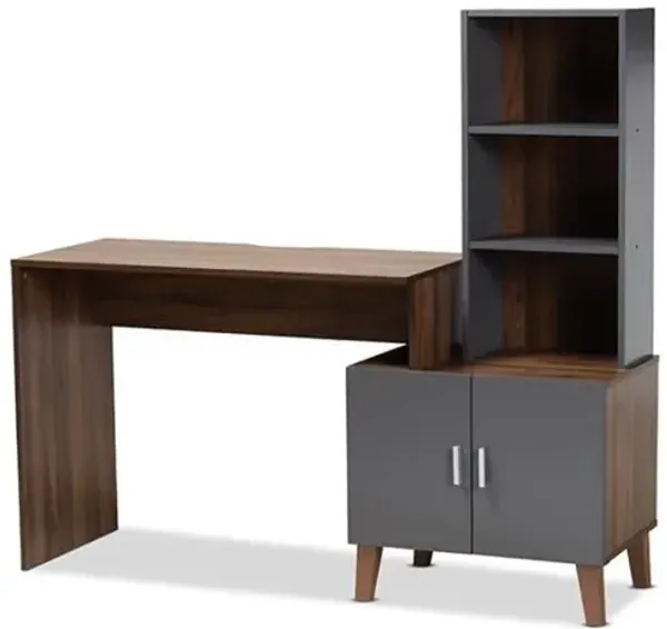 Two-Tone Walnut Brown and Dark Grey Finished Wood Storage Desk with Shelves